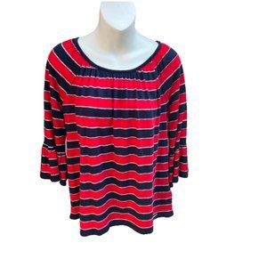 Michael Kors 3/4 Bell Sleeve Round Neck Stripe Blouse Red White & Navy Size S